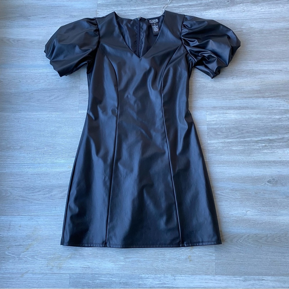 SHEIN Black Faux Leather Puff Sleeve Mini Dress
